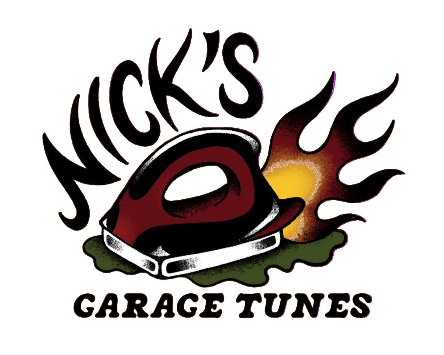 Nick's Garage Tunes: a hot waxing iron wreathed in flames, in front of Colorado mountains